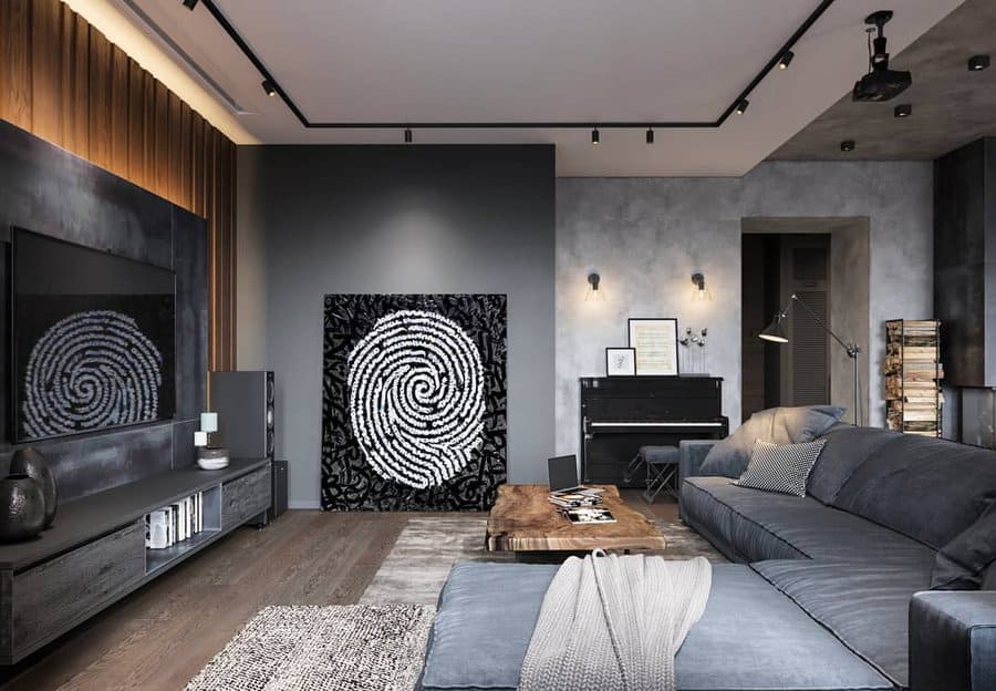 Edgy living room with dark tones and abstract art