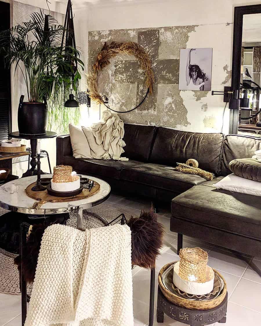 Rustic chic living space with distressed wall and plants