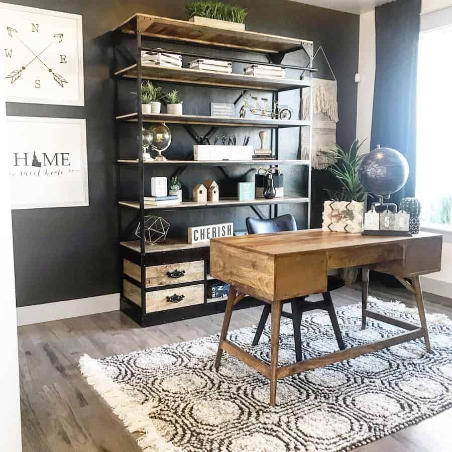 Industrial style home office with wood and metal shelving