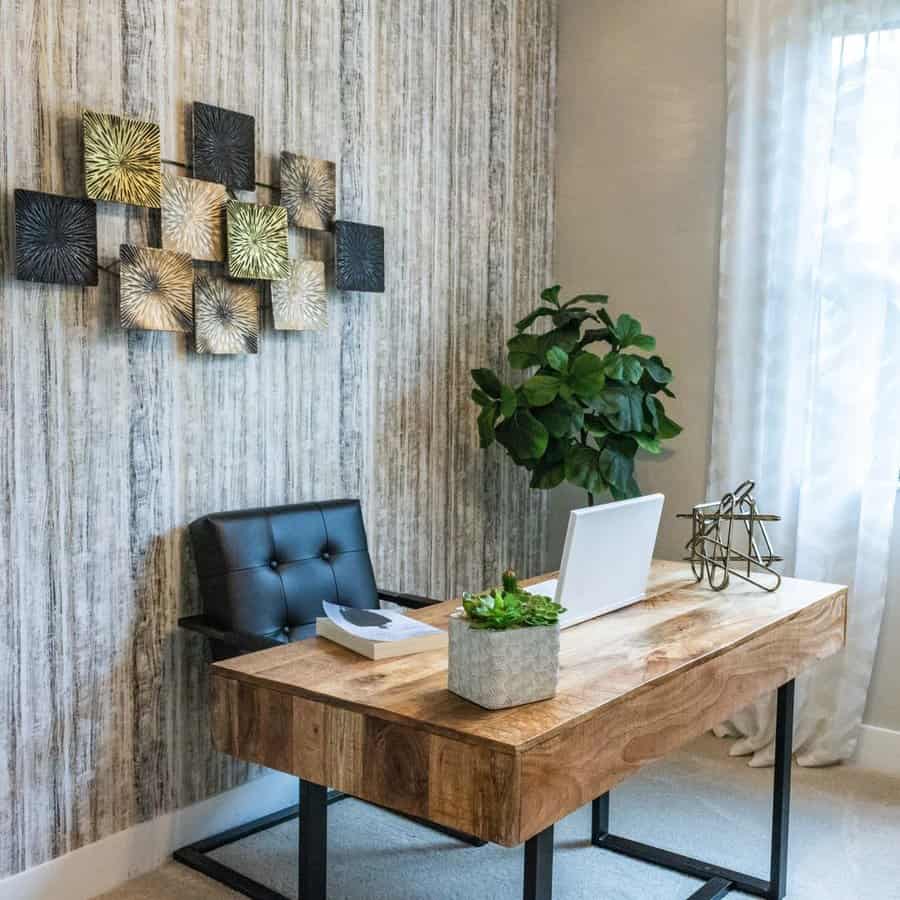 Modern home office with live edge desk and metal art