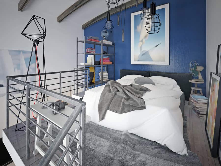 Modern bedroom in loft with industrial railing