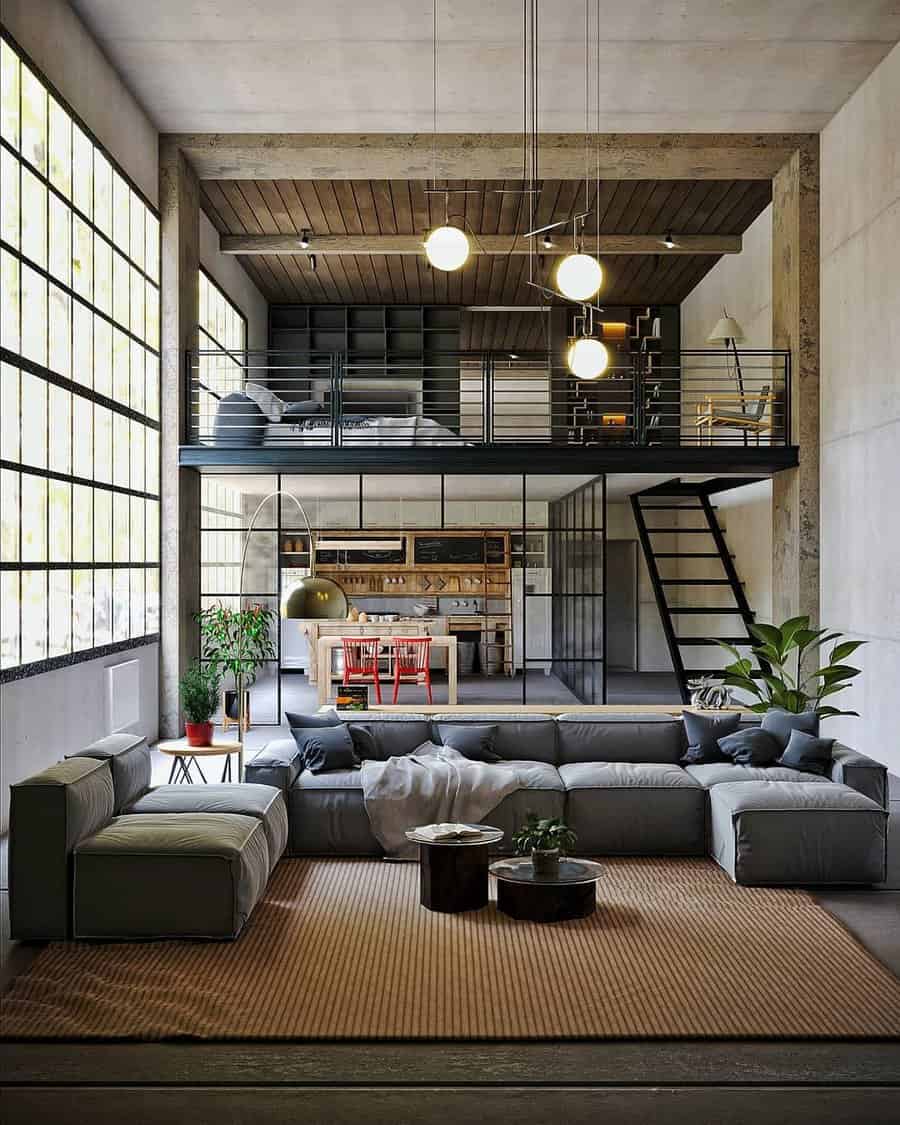 Spacious industrial loft with mezzanine and sofa