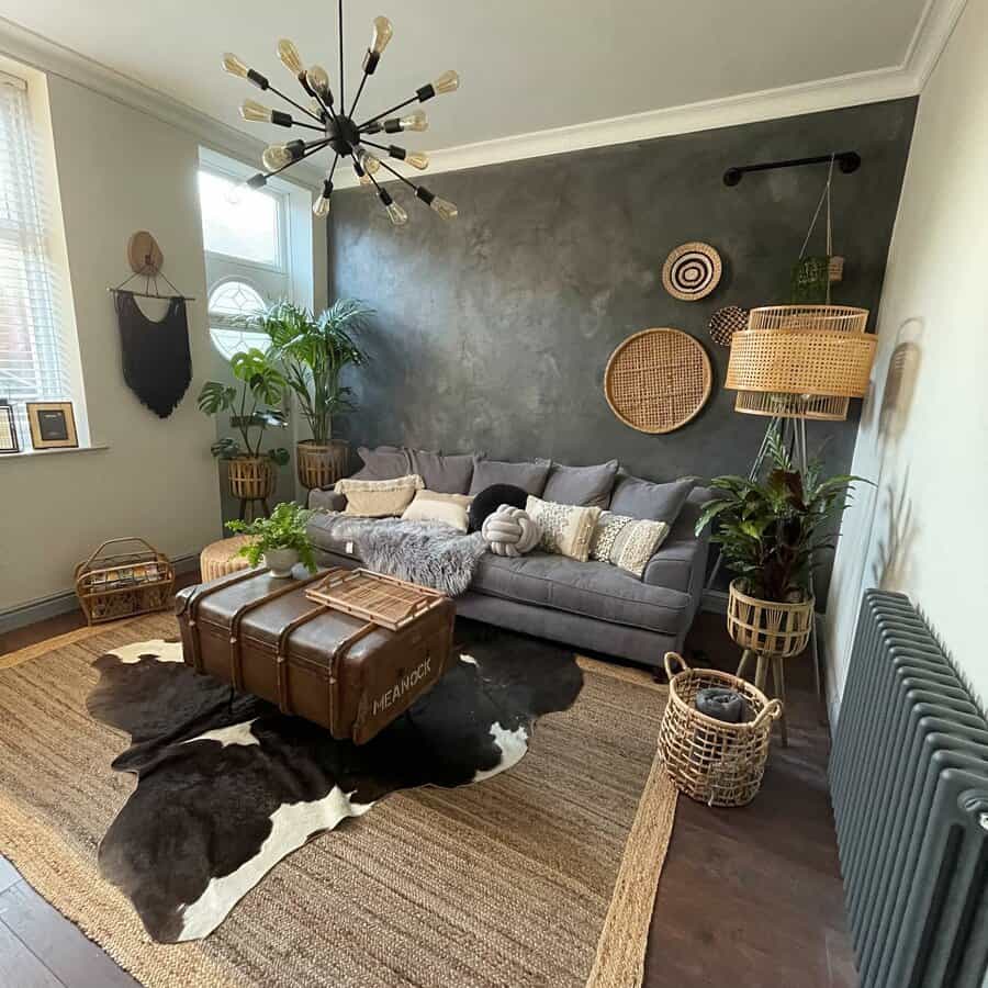 Chic rustic living room with textured walls and botanical accents