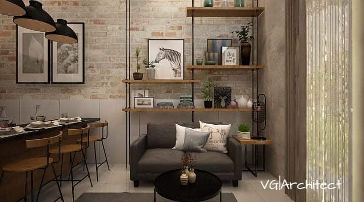 Modern living room with brick wall, grey sofa, wooden shelves, and artwork; dining table with chairs and pendant lights