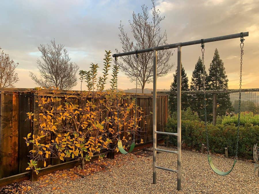 Empty swingset with two swings in a gravel yard, surrounded by autumn trees and a wooden fence, under a cloudy sky