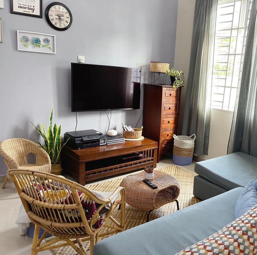 Cozy living area with wicker chair and natural light