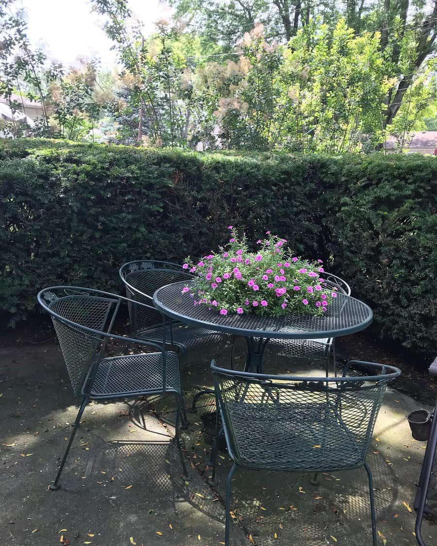 A metal outdoor table with four chairs is surrounded by greenery, and a potted plant with pink flowers sits in the center of the table