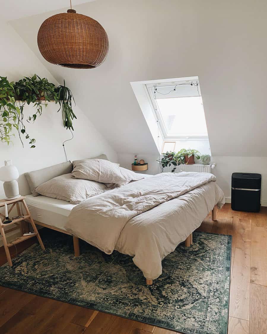 Cozy bedroom with a sloped ceiling, skylight, wooden floor, green rug, plants, and a bed with beige bedding; wicker ceiling light above