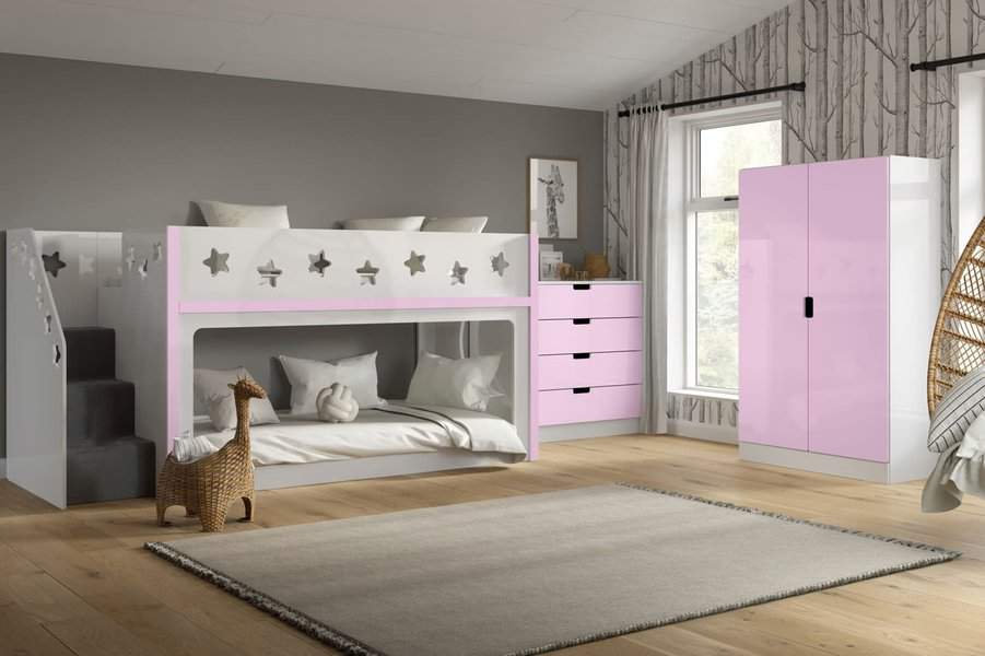 Cute white and pink bunk bed with star cutouts and side stairs, paired with matching storage for a playful and cozy kids’ room