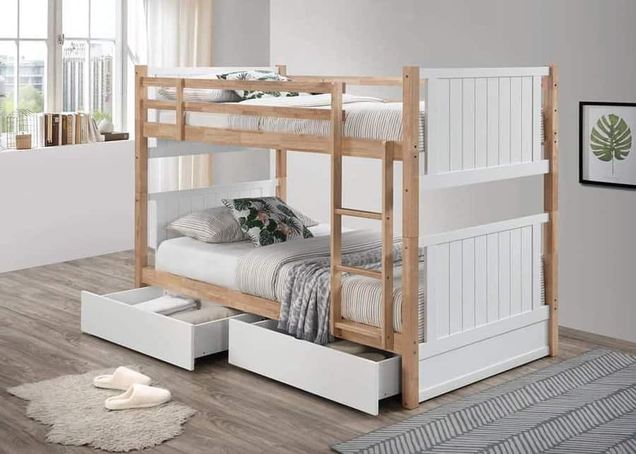 double bunk bed with floor level cabinets
