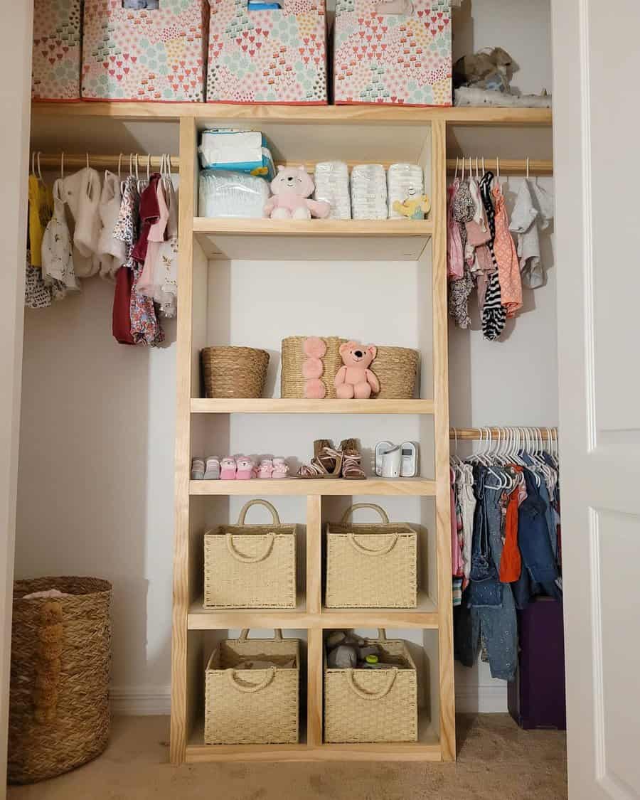 kids' small closet with toy boxes