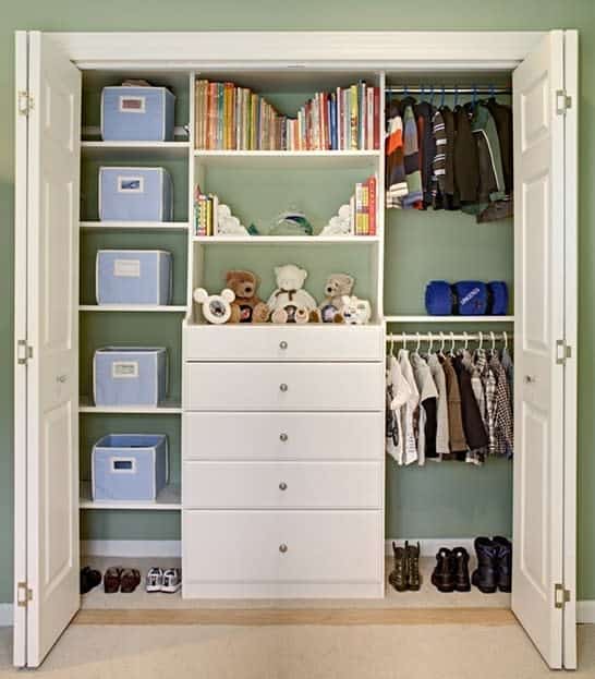 kids' small closet with toy boxes