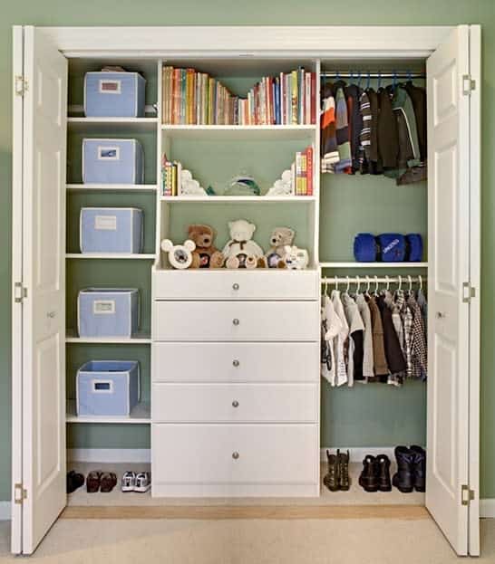 Kids small closet with toy boxes