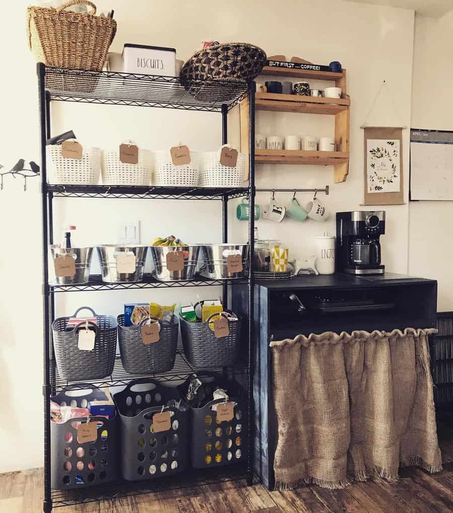 kitchen coffee station with labeled organizers for coffee essentials