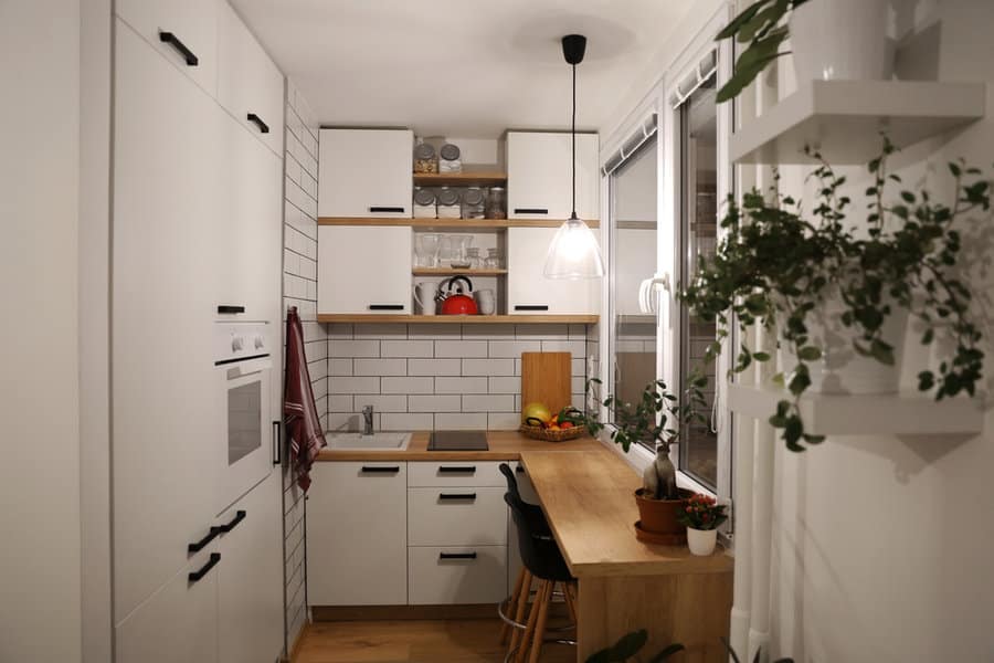 Modern small kitchen with dining area and hanging plants