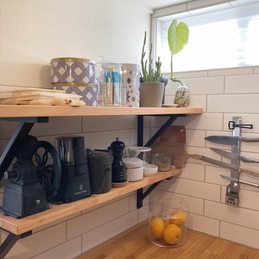 Kitchen counter with appliances and a plant by the window