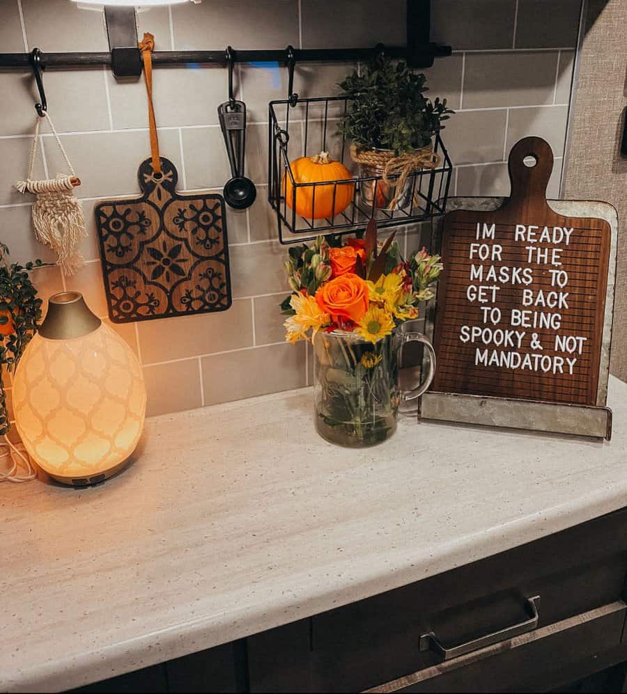 Halloween themed RV kitchenette with festive decorations