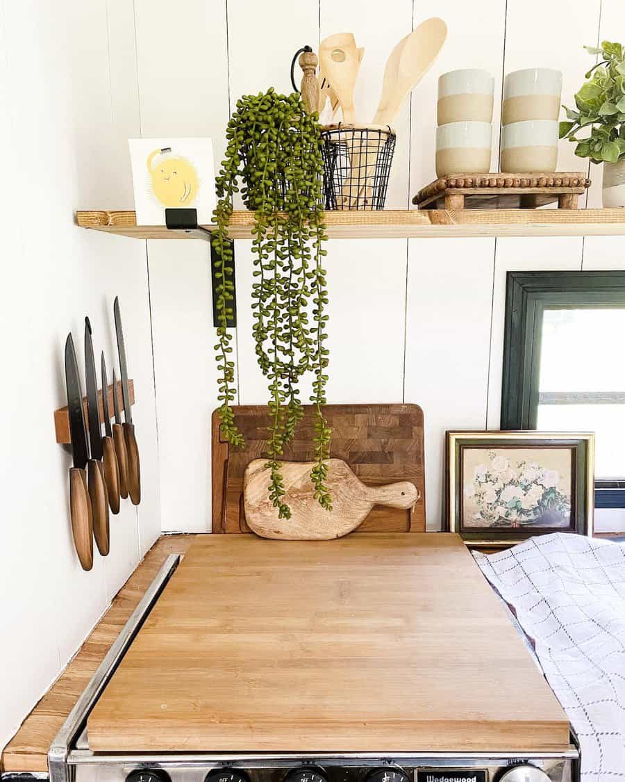 A well-organized RV kitchenette featuring wooden utensils, a potted plant, mugs, knives, and charming artwork, creating a fresh, rustic vibe.