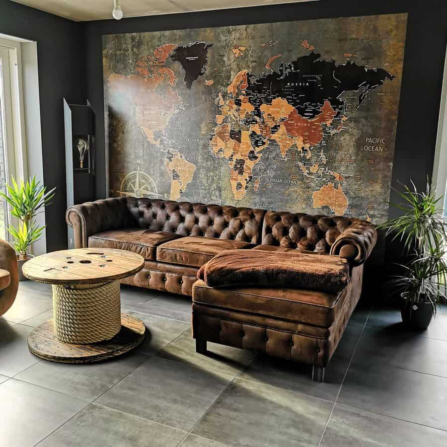 Rustic living room with leather furniture and natural accents