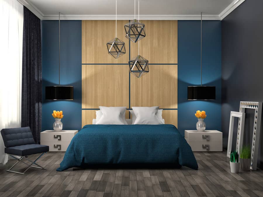 blue bedroom with pendant lamp