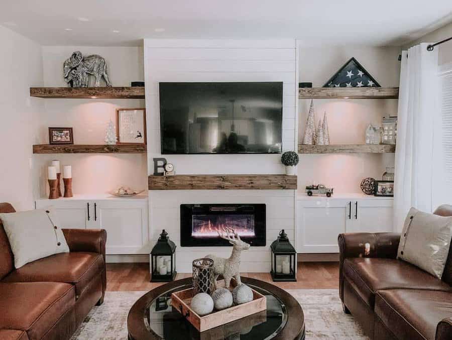 Living room wall with a floating shelf 