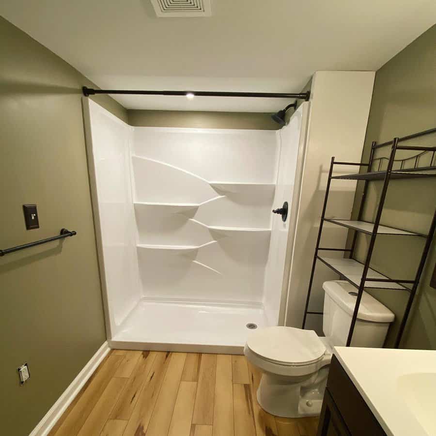 Basement bathroom with creative shelving