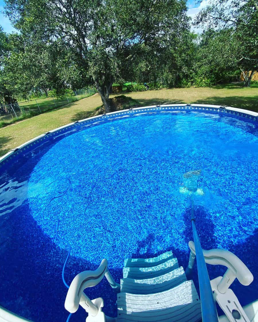 Above-ground pool with ladder, surrounded by lush green trees and grass under a clear blue sky