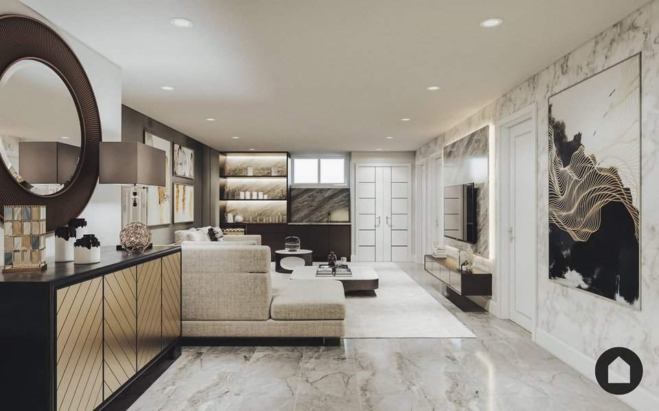 Elegant luxury basement with marble flooring, built-in shelving, modern decor, and a sleek entertainment area for a sophisticated and stylish space.