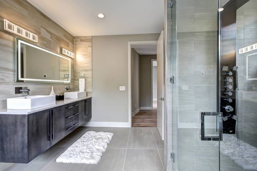 Contemporary bathroom with double vanity and shower