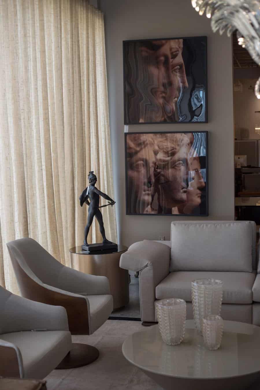 Elegant lounge with art pieces and neutral tones