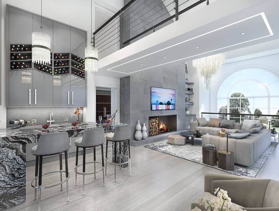 Opulent living room with wine display and grand chandeliers