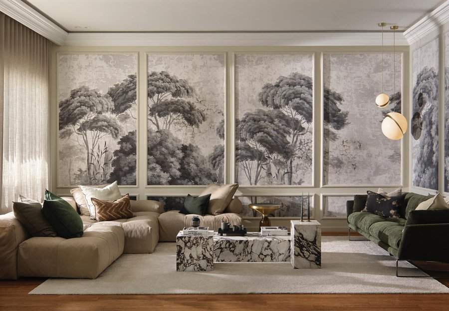 An inviting living room featuring a prominent wall painting