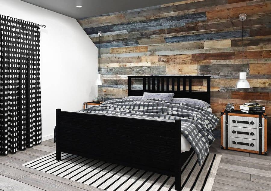 Modern bedroom with a wooden accent wall, black bed, plaid bedding, a striped rug, polka dot curtains, and hanging lights