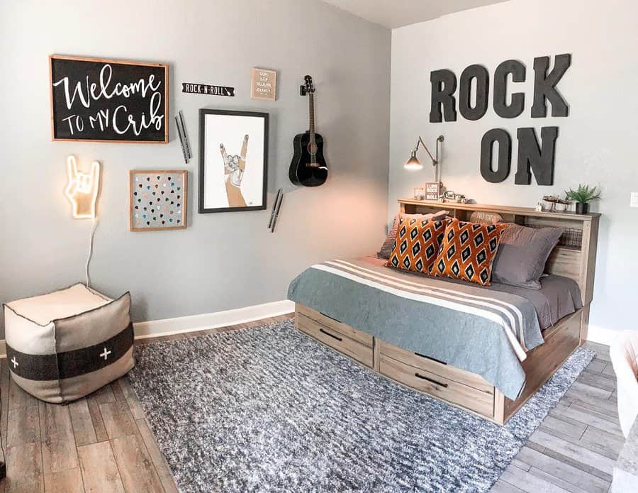 bedroom with word play decor