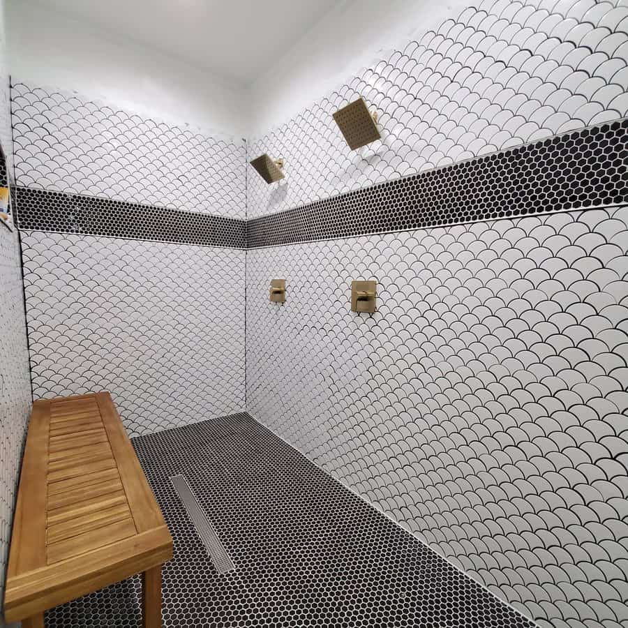 bathroom shower with printed walls and flooring