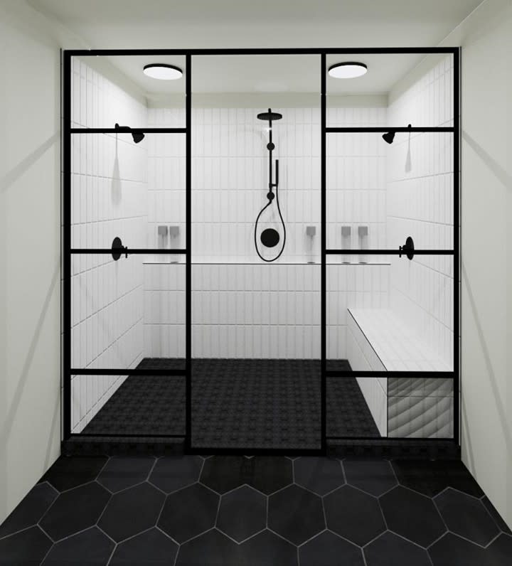bathroom shower with black and white theme