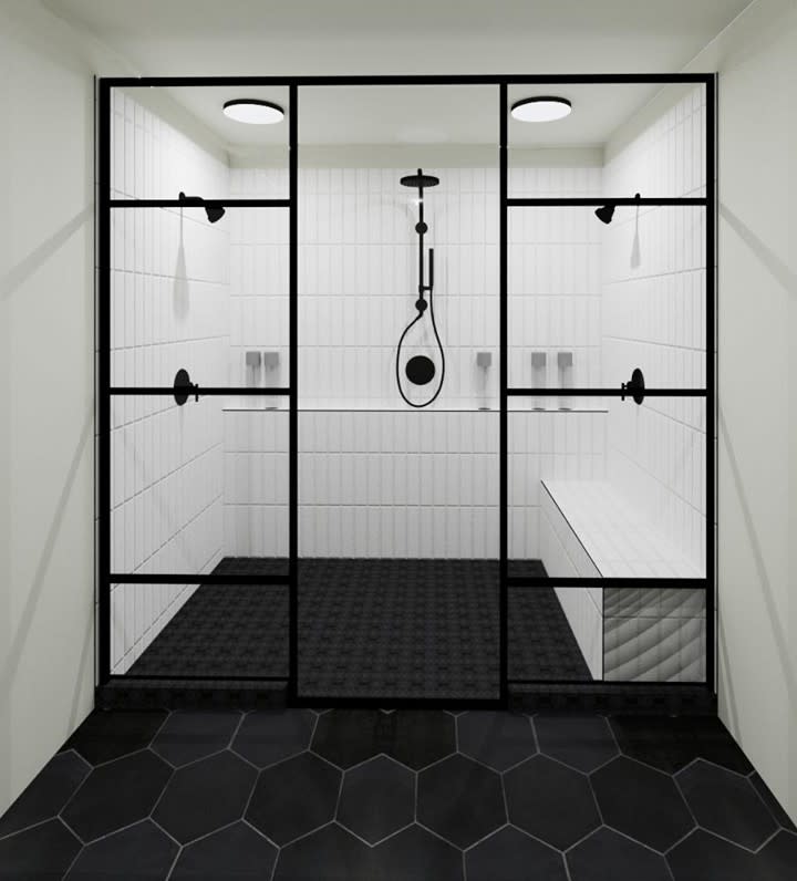 Bathroom shower with black and white theme