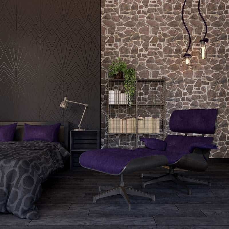 black bedroom with purple upholstery