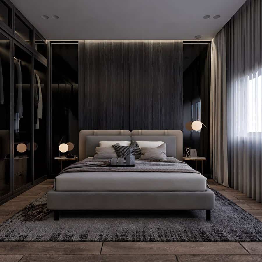 Sophisticated bedroom with wood paneling and soft lighting