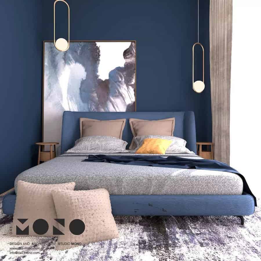 blue bedroom with pendant lamp