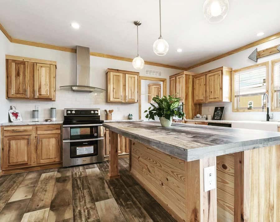 Rustic kitchen with wooden cabinets and patterned floor