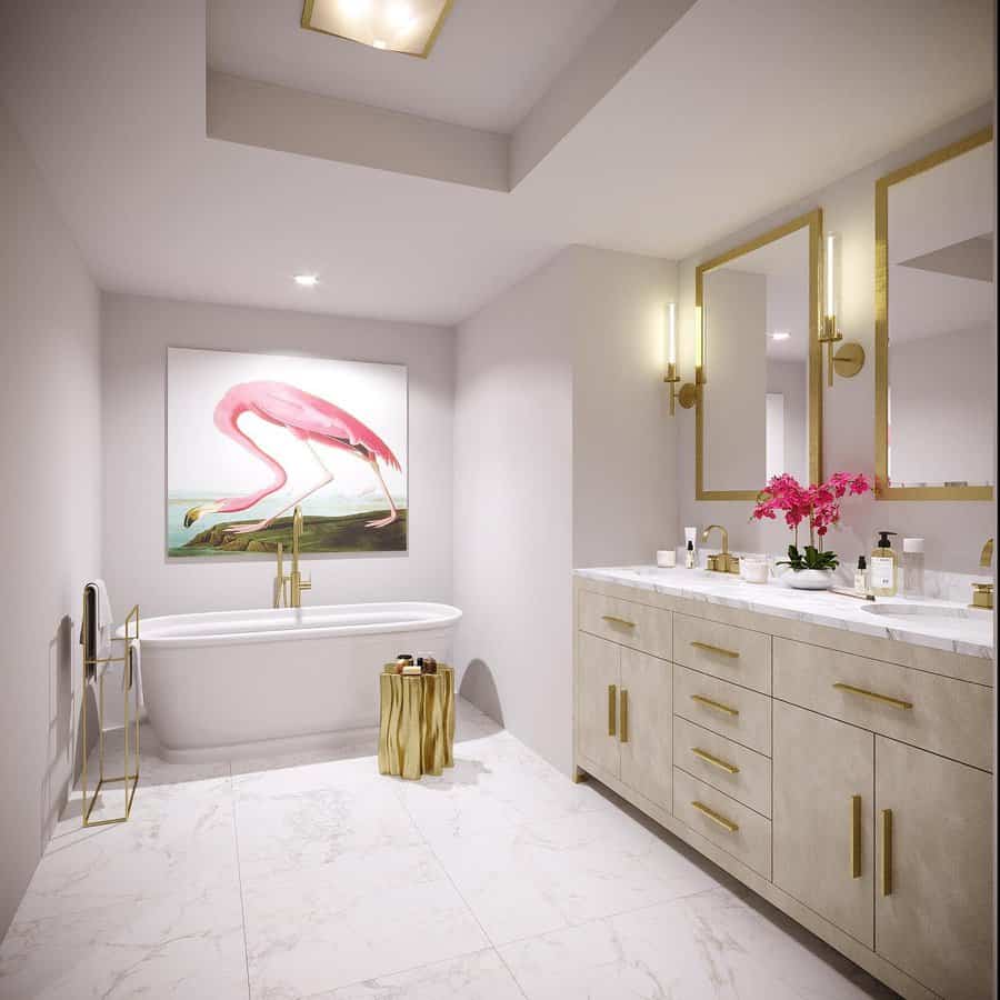 Luxurious bathroom with marble floor and gold accents