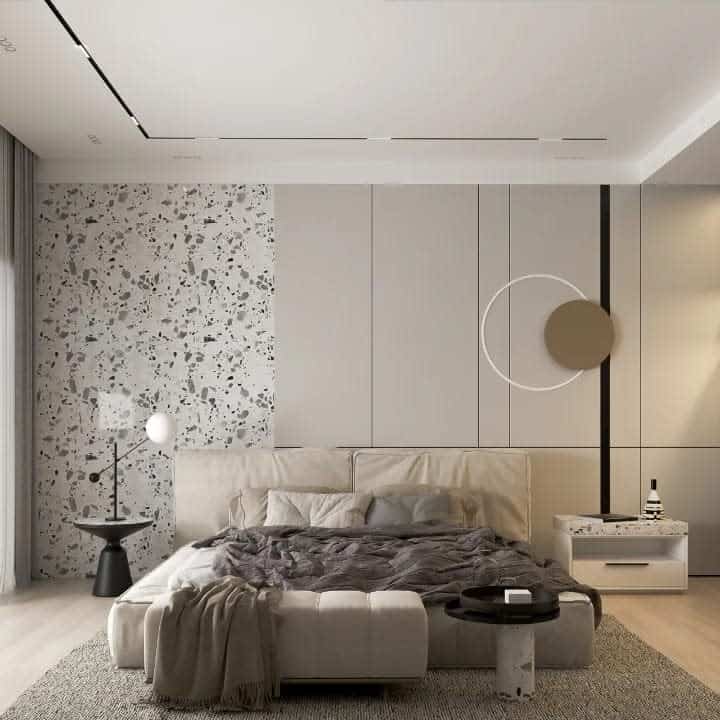 Minimalist bedroom with terrazzo wall and modern decor