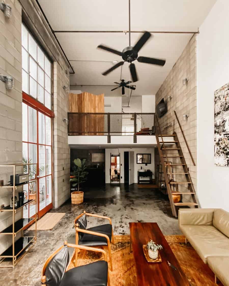 Industrial loft living room with mesh railing