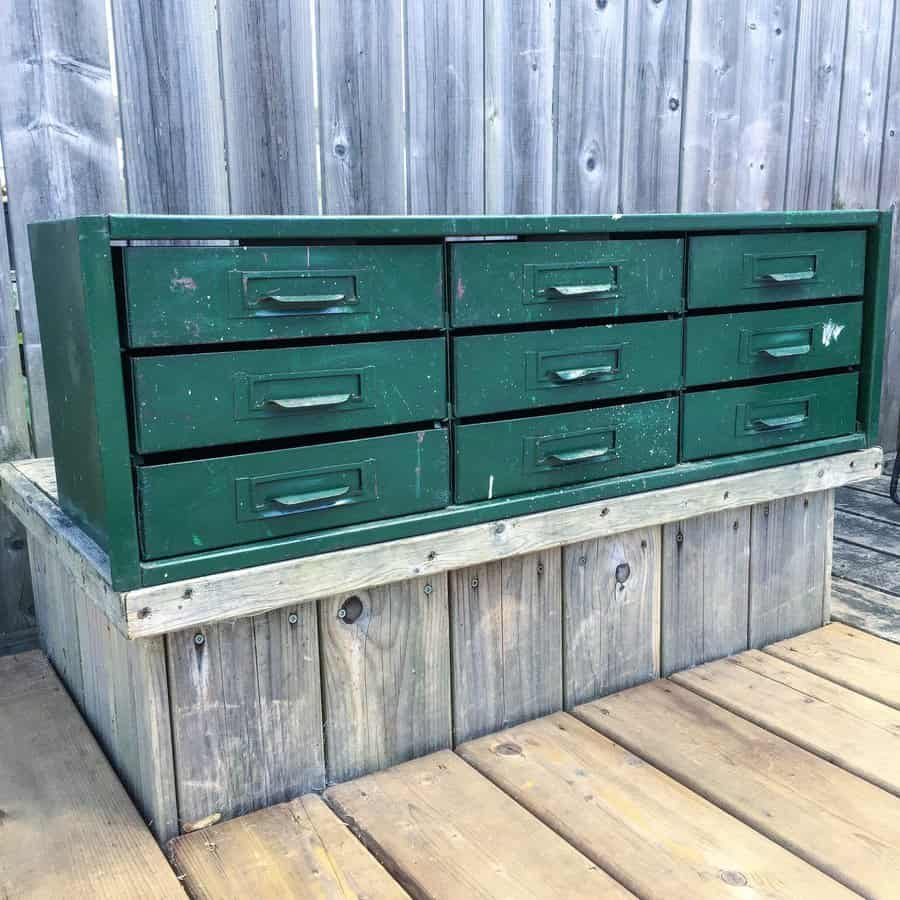 Repurposed old green file cabinet