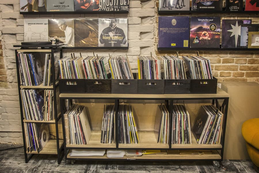 Metal storage rack with vinyl records