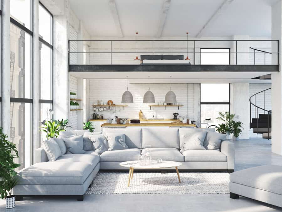 Bright loft living room with balcony and kitchen