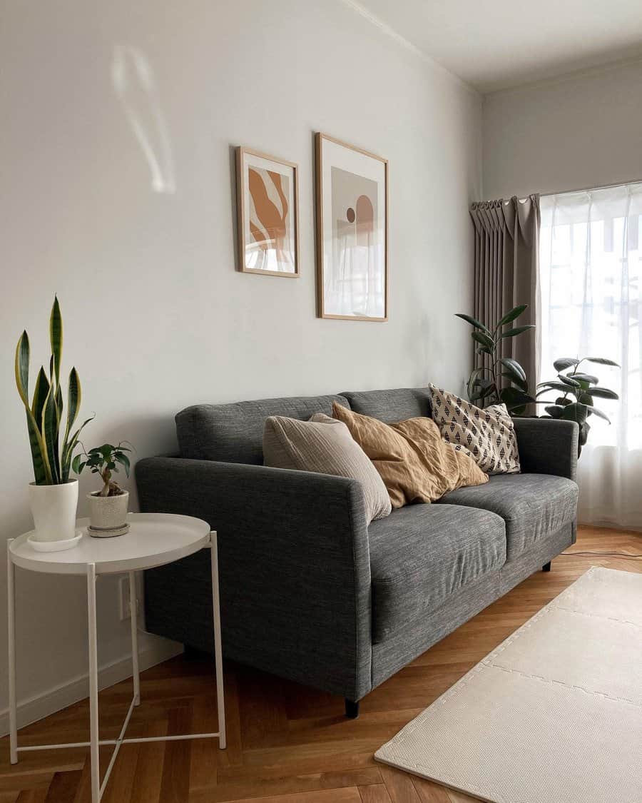 Minimalist living room with plants and gray sofa