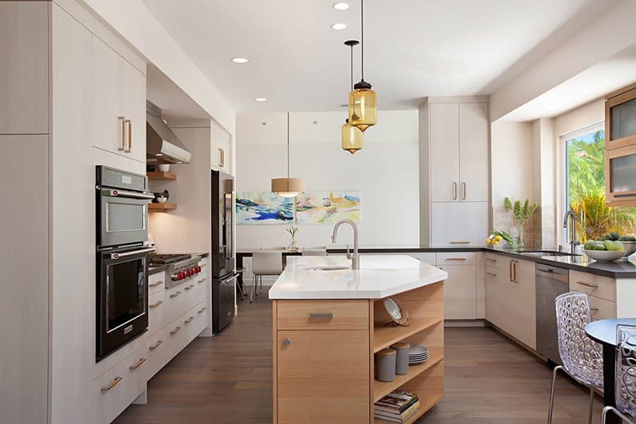 Modern kitchen with island, double oven, and pendant lights