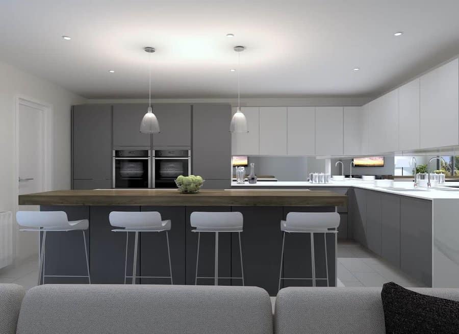 Grey modern kitchen with pendant lighting